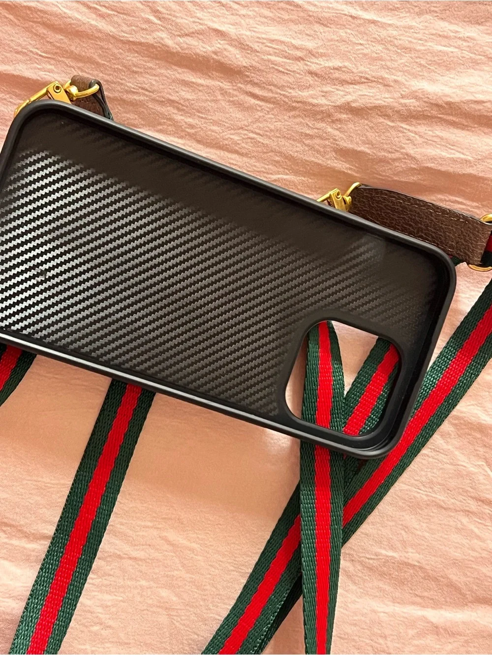 Gucci like Beige Monogram Phone Case with Signature Green and Red Web Strap for
